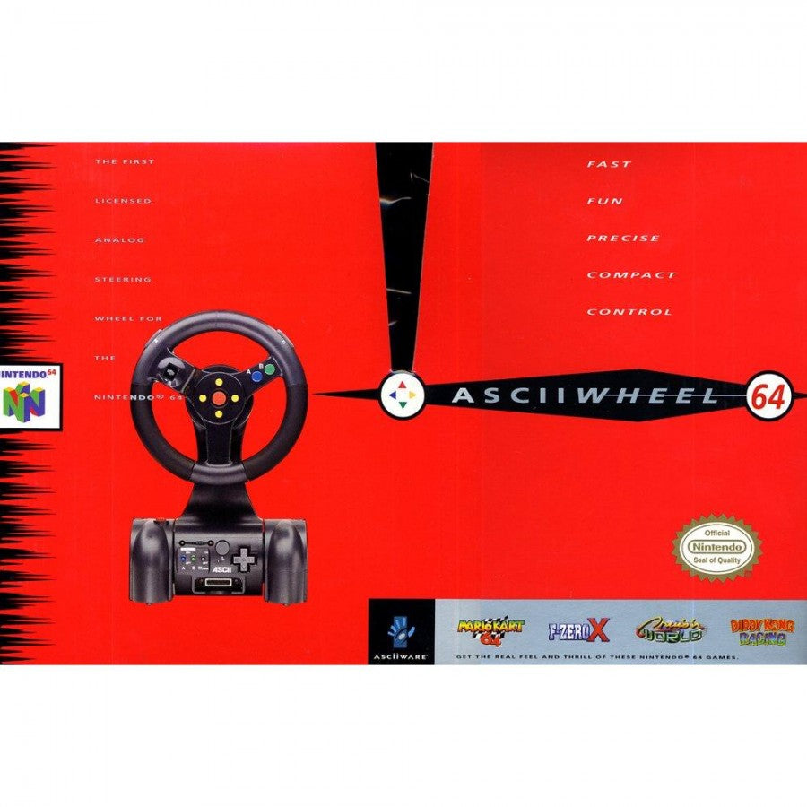 ASCII Nintendo 64 wheel controller featuring integrated steering wheel design with buttons and joystick for racing and driving games on the N64 console