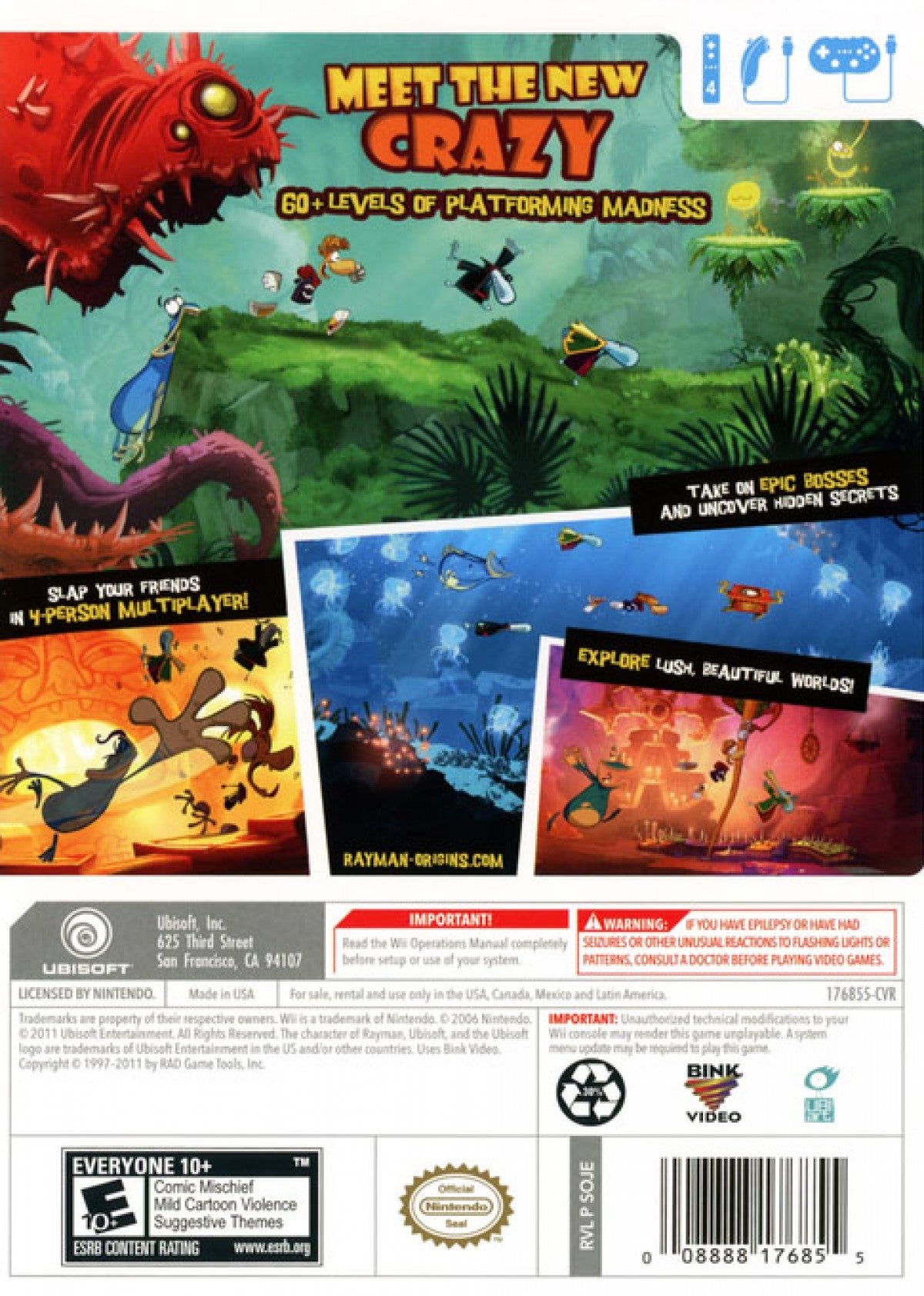 Rayman Origins – Nintendo Wii (Wii) side-scrolling platformer action adventure video game back of case