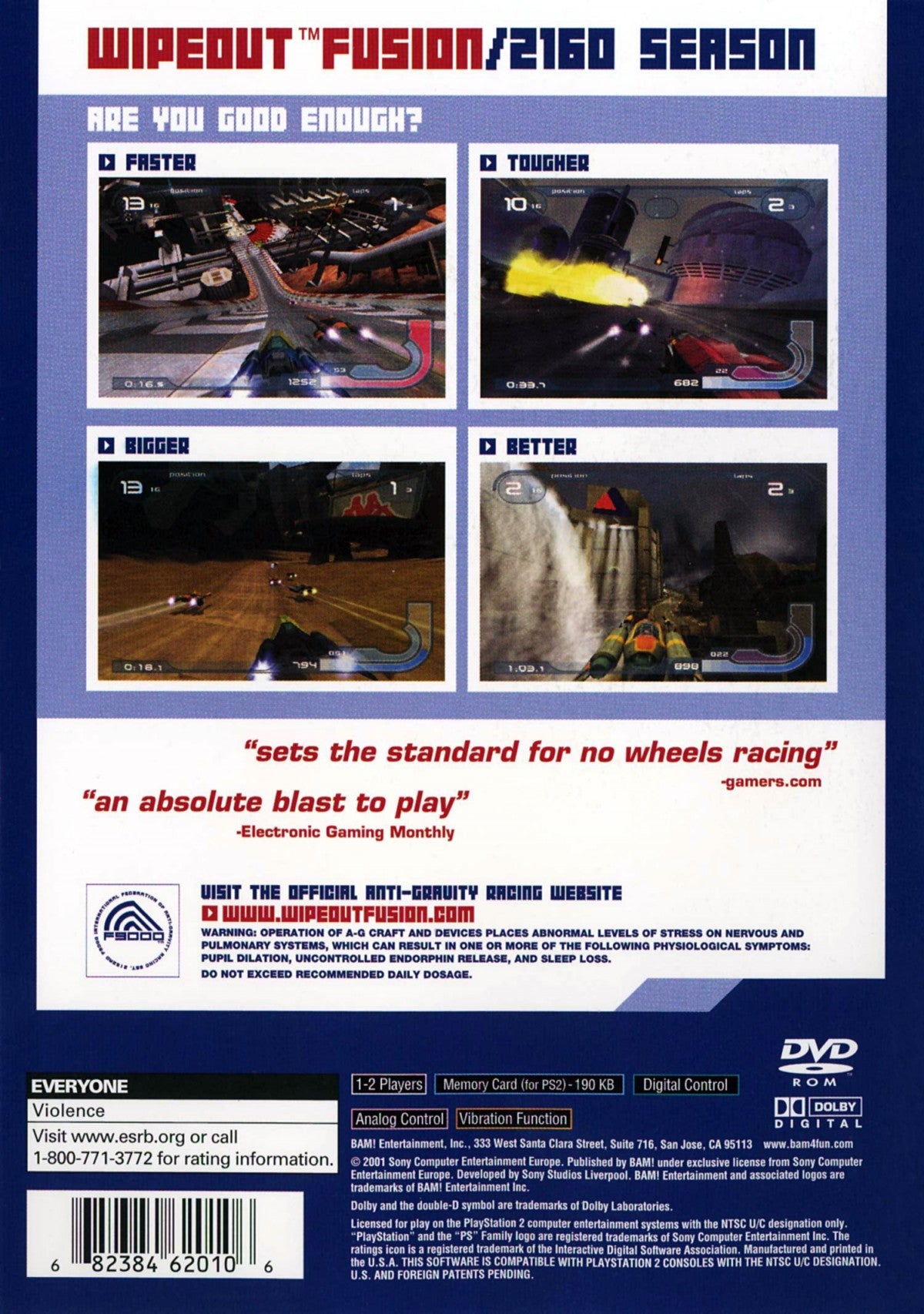 Wipeout Fusion PS2 Sony PlayStation 2 futuristic racing game anti gravity racing hovercraft high speed tracks electronic soundtrack combat racing weapons Psygnosis Studio Liverpool arcade racing PlayStation 2 software video game title back cover art