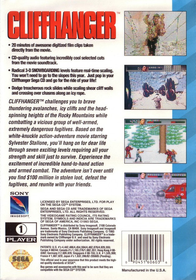 Cliffhanger Sega CD action platformer movie tie in based on Sylvester Stallone film mountain climbing combat survival missions side scrolling gameplay rock climbing hazards fighting enemies cinematic presentation retro gaming Sega CD software video game title back cover art