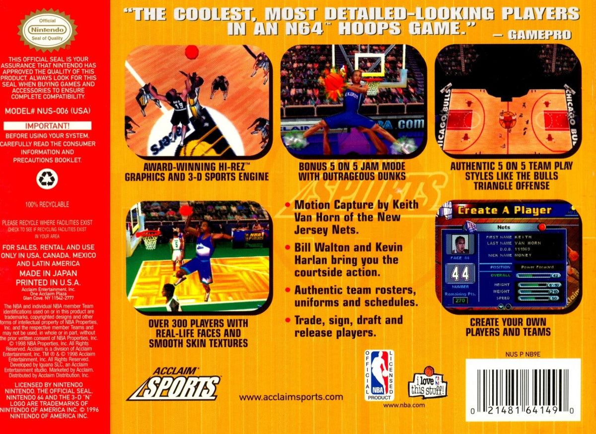 NBA Jam 99 Nintendo 64 N64 video game featuring arcade basketball gameplay NBA teams and players fast paced matches high flying dunks competitive action special moves two on two basketball and classic 64 bit Nintendo sports gameplay retro video game collection collectible gaming appeal back cover art