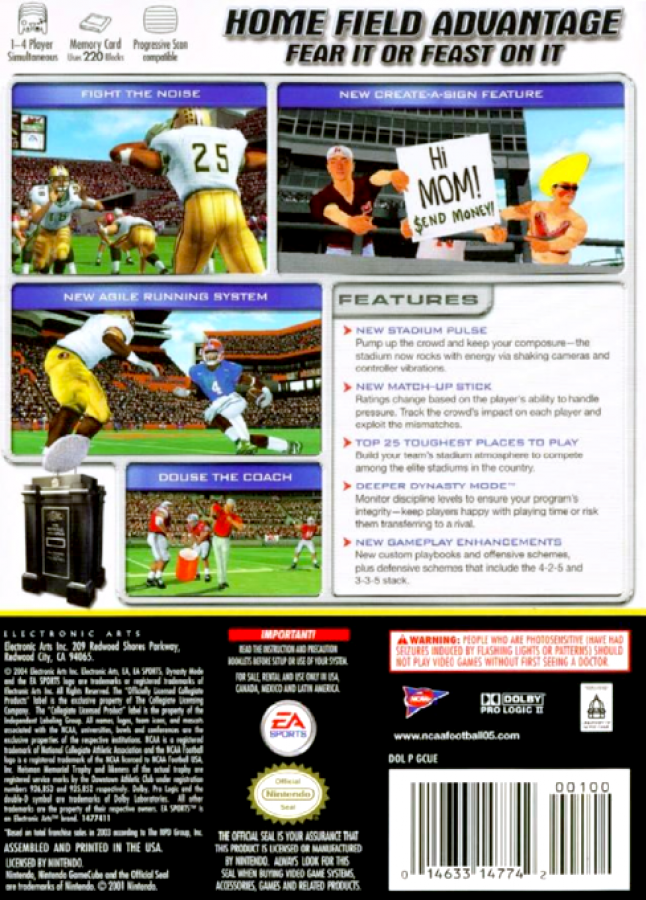 NCAA Football 2005 back of case for Nintendo GameCube (GC) college football sports video game