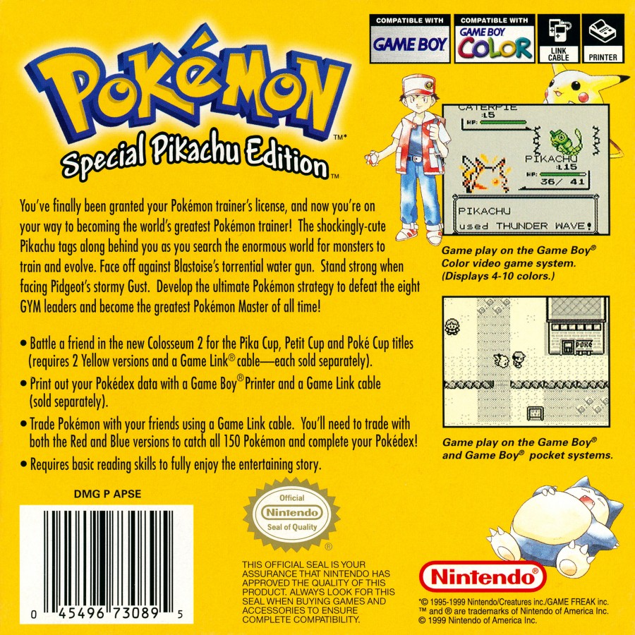 Pokémon Yellow Version Special Pikachu Edition Nintendo Game Boy for retro video game enthusiasts featuring monster collecting role playing gameplay turn based battles creature training exploration across the Kanto region iconic Pokémon adventures handheld gaming nostalgia and collectible gaming appeal back cover