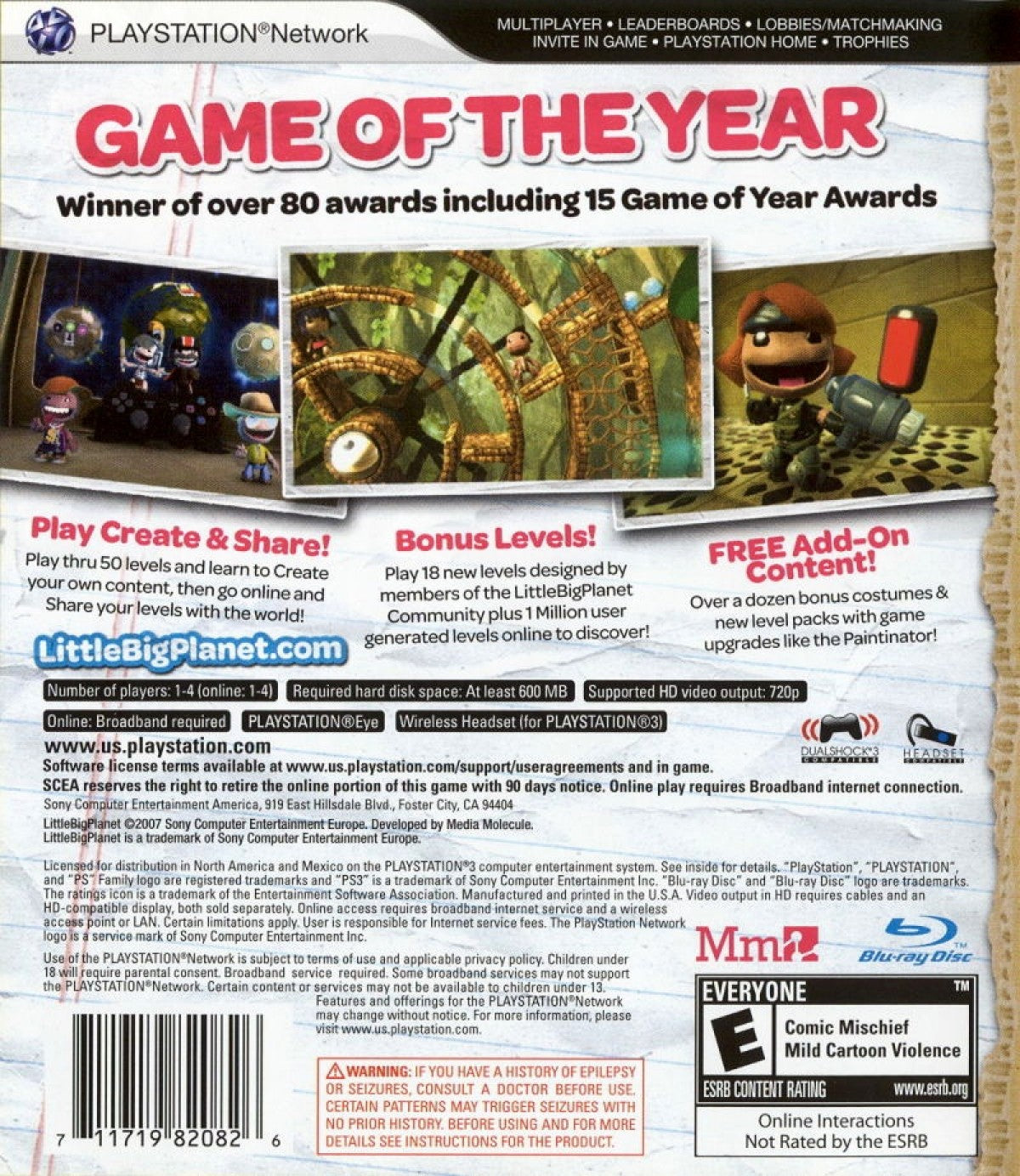 LittleBigPlanet Game of the Year Edition for PlayStation 3 with creative platforming and customizable level design theme back cover