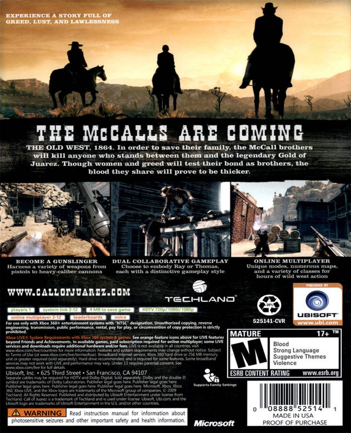 Call of Juarez Bound in Blood Xbox 360 first-person shooter Western action video game with co-op campaign and historical weapons back cover