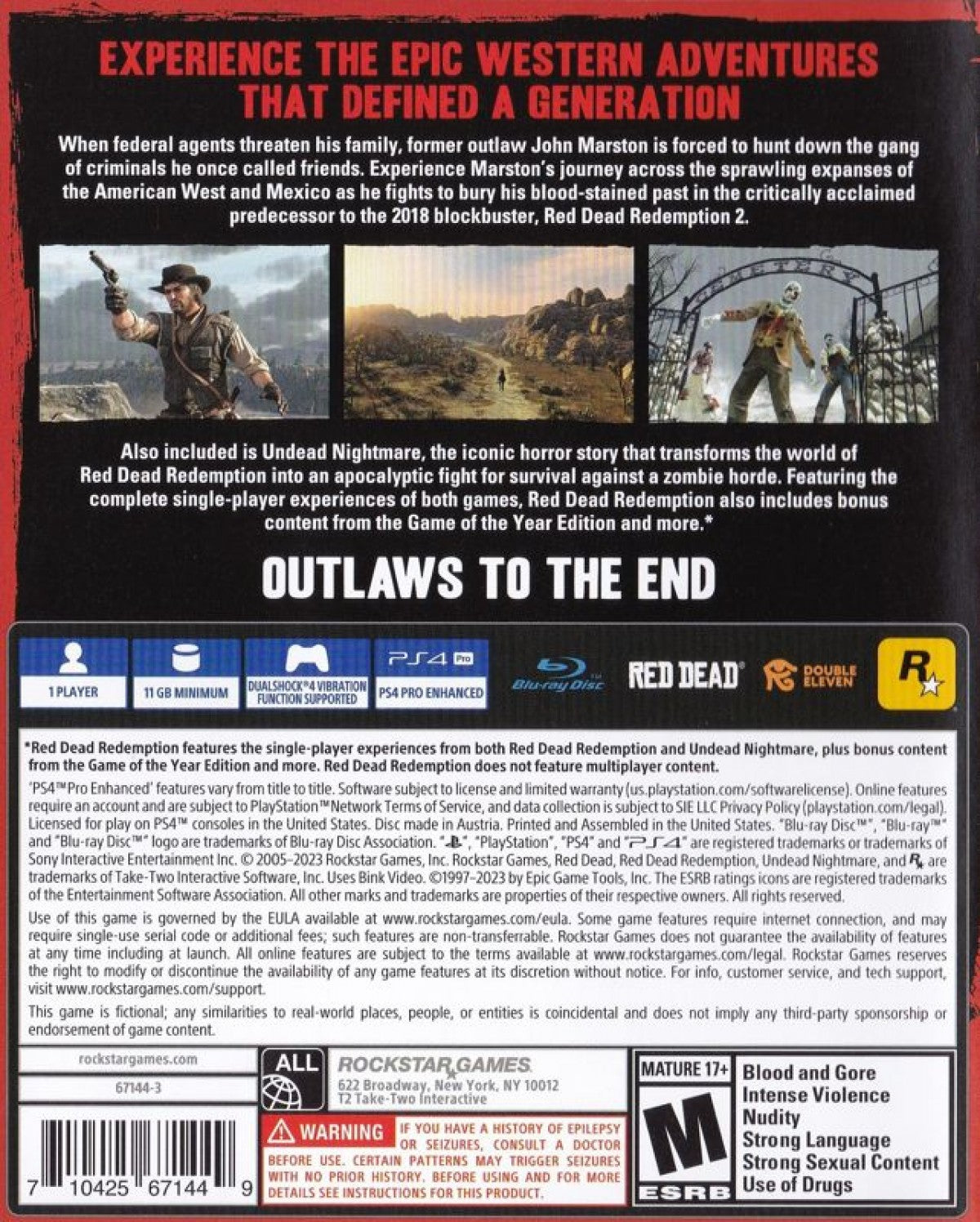 Red Dead Redemption PS4 game featuring open-world western action, immersive storytelling, and iconic outlaw adventure gameplay back cover art