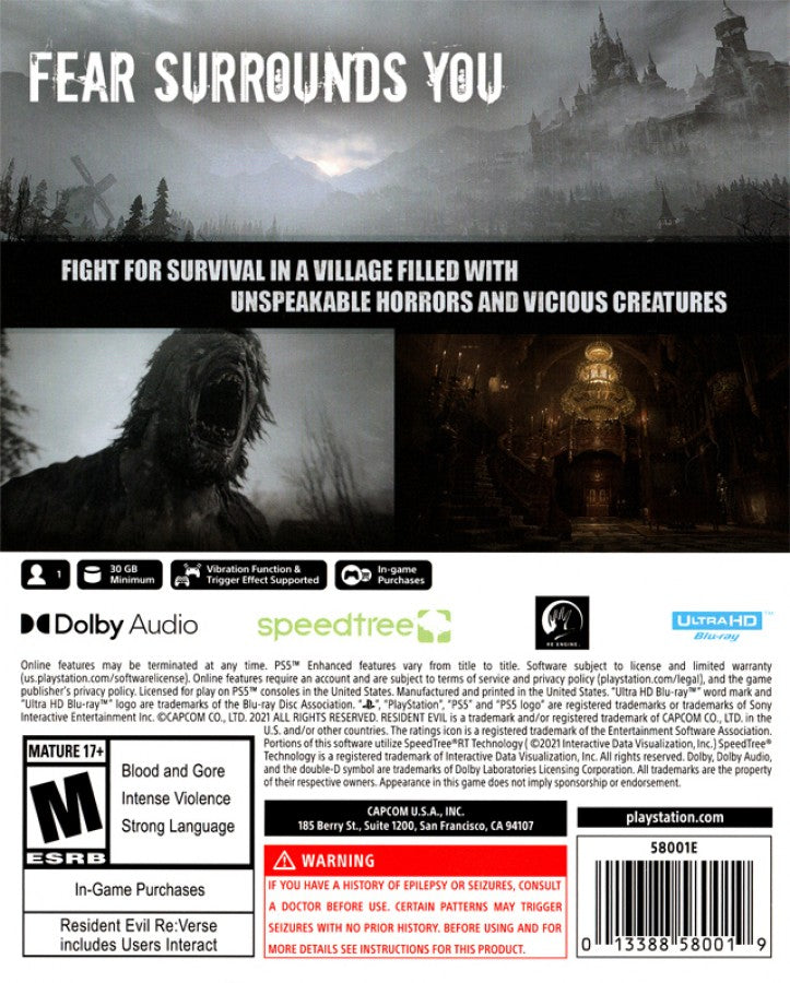Resident Evil Village PS5 game featuring intense survival horror gameplay, first-person action, and a dark atmospheric storyline on PlayStation 5 back box art