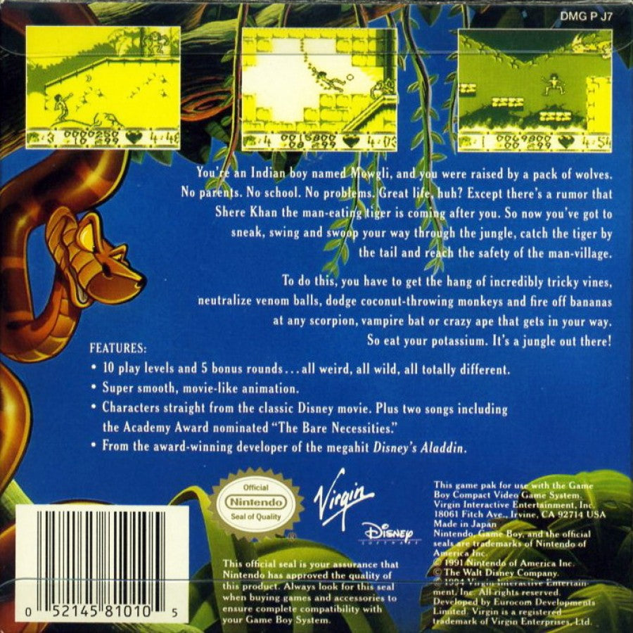 Disney The Jungle Book Game Boy handheld platformer action video game Mowgli Baloo King Louie Kaa Shere Khan jungle levels Capcom Disney license retro 8-bit classic back cover