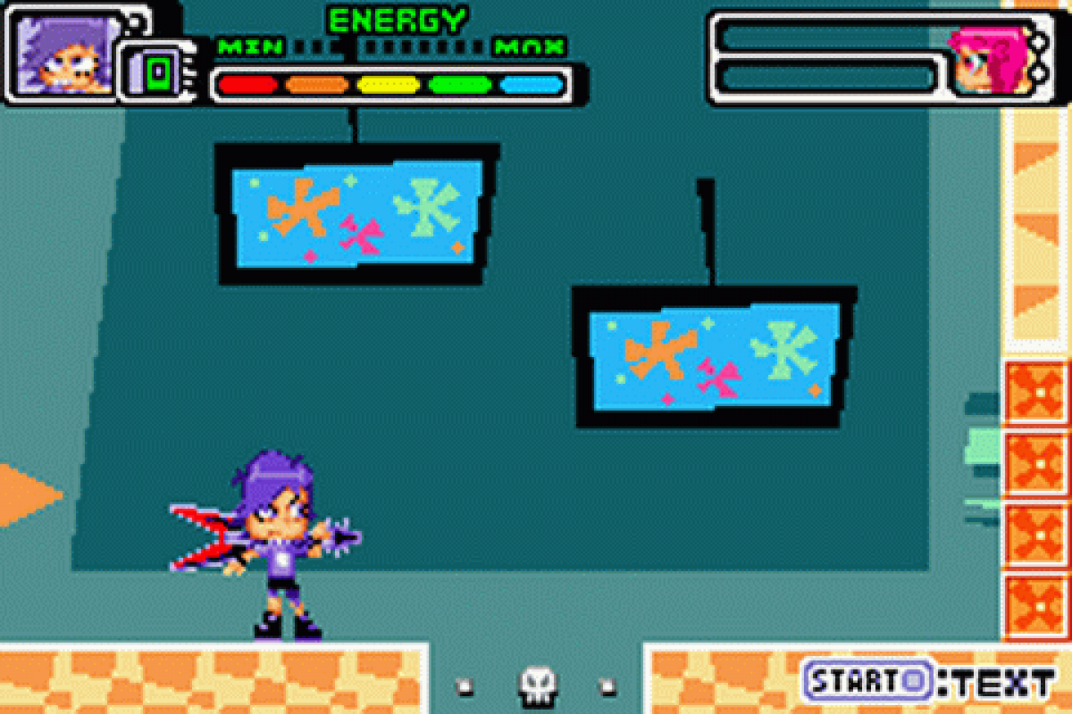 Game Boy Advance gameplay for 'Hi Hi Puffy AmiYumi: KaZnapped!' with colorful characters and text.
