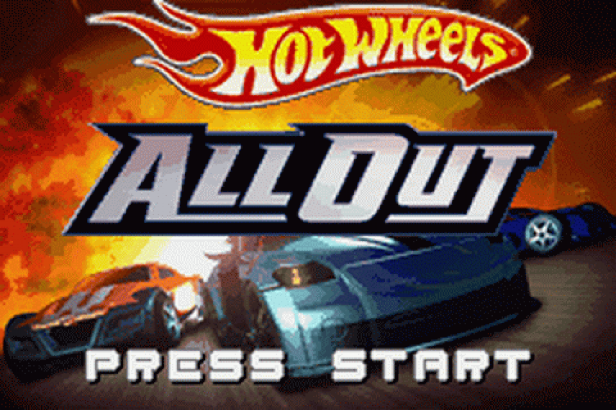 Hot Wheels All Out for Game Boy Advance, title screen for a retro video game featuring arcade racing gameplay, high-speed track challenges, stunt driving, collectible cars, and fast-paced competition