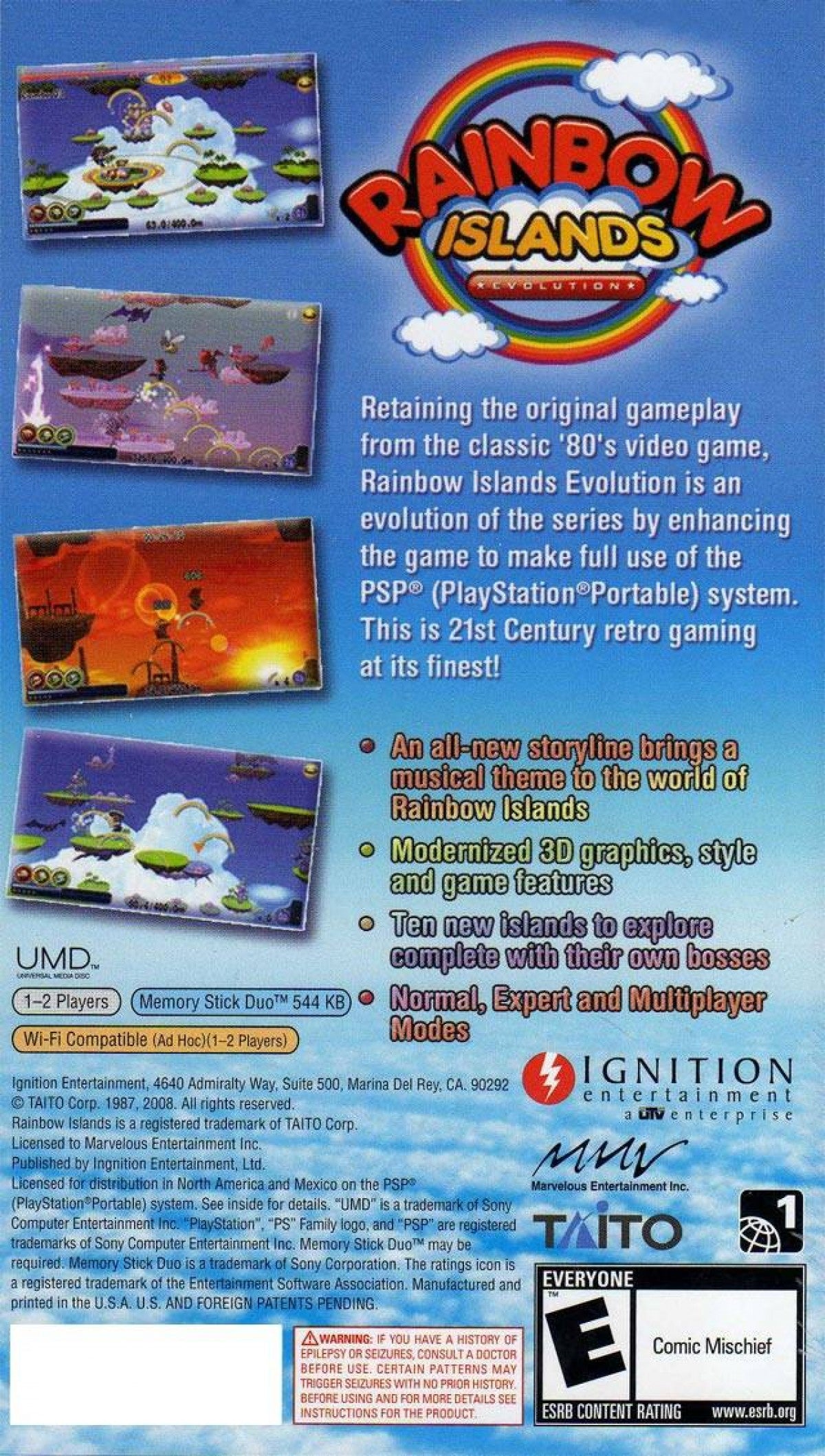 Rainbow Islands Evolution PSP inspired design featuring colorful fantasy platform adventure aesthetic classic arcade inspired gameplay magical rainbow powers whimsical worlds charming characters vibrant retro action handheld gaming presentation back cover