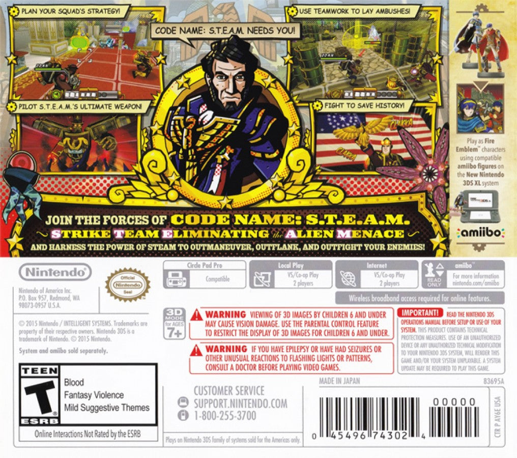 Code Name: S.T.E.A.M. back of case for Nintendo 3DS (3DS) turn-based strategy video game