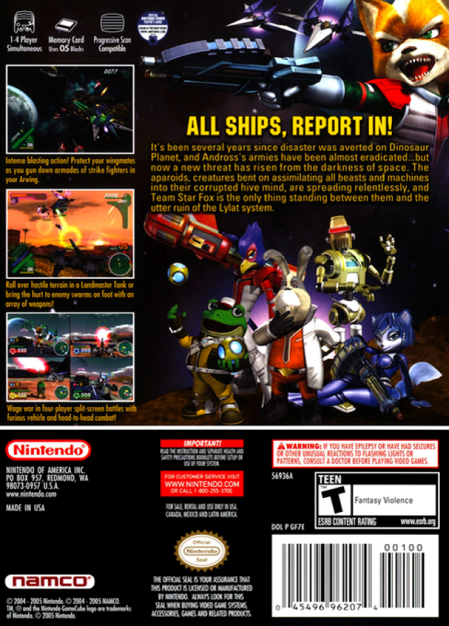 Back cover art for Star Fox Assault GameCube game featuring space combat, on-foot action, and classic Star Fox gameplay elements