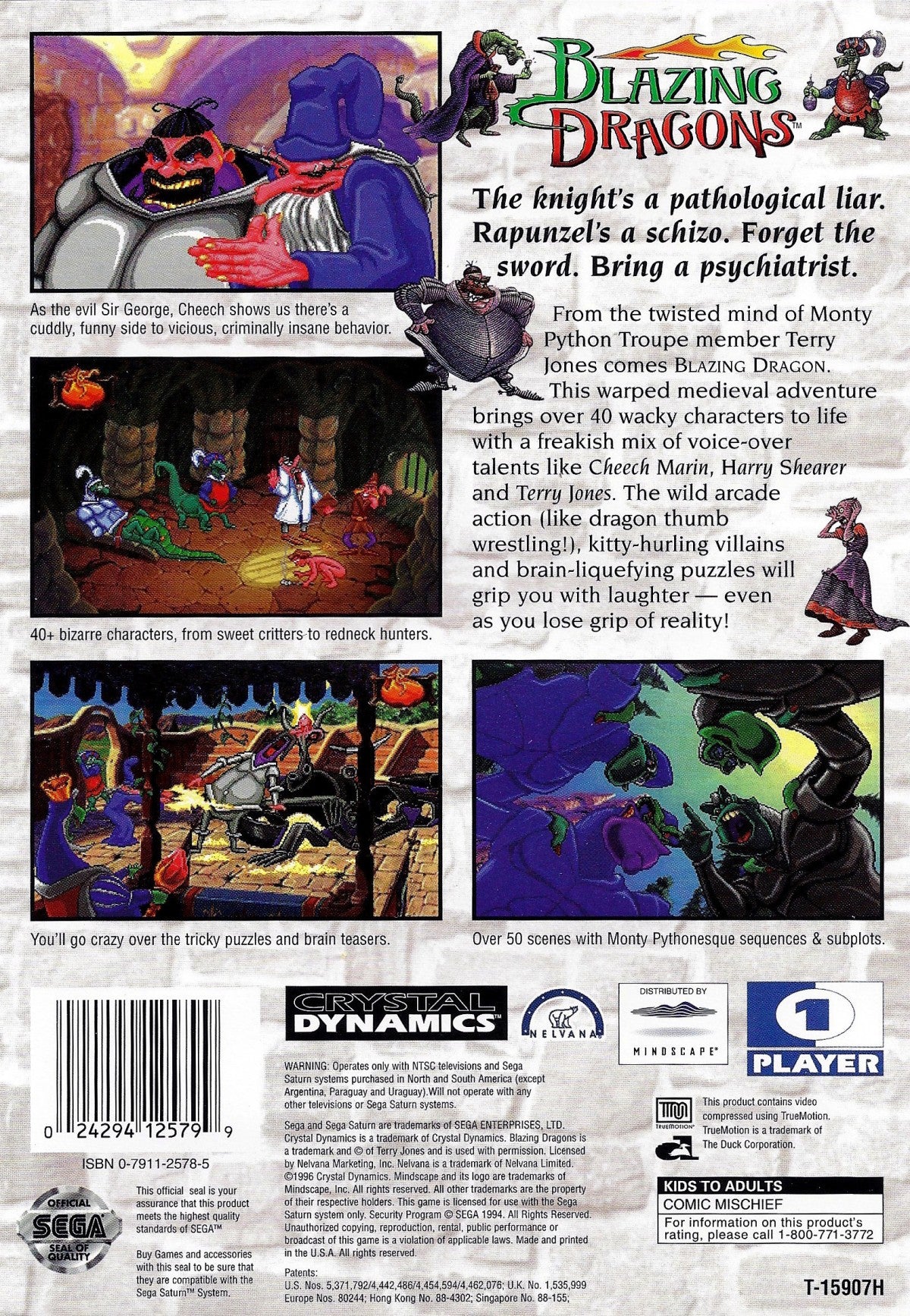 Blazing Dragons for Sega Saturn (SS) at Gamers INC, featuring the whimsical point-and-click adventure based on the cult-classic animated series from Monty Python’s Terry Jones; play as Flicker, a commoner dragon with noble dreams, as you solve clever puzzles, engage in witty dialogue, and navigate the "Knights of the Round Table" parody to win the Dragon Tournament and the heart of Princess Flame in this charmingly eccentric 32-bit quest back box
