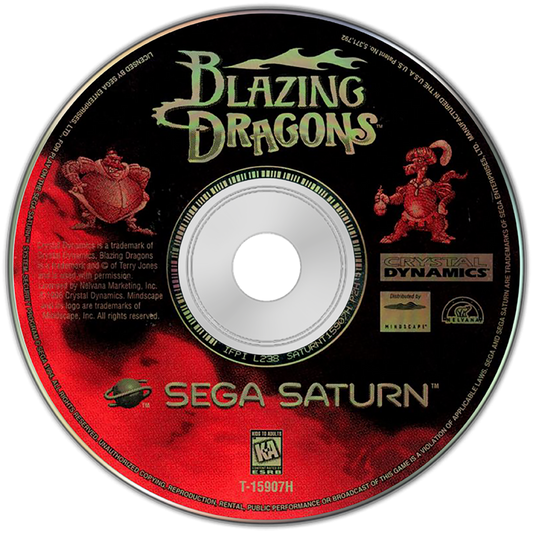Blazing Dragons for Sega Saturn (SS) at Gamers INC, featuring the whimsical point-and-click adventure based on the cult-classic animated series from Monty Python’s Terry Jones; play as Flicker, a commoner dragon with noble dreams, as you solve clever puzzles, engage in witty dialogue, and navigate the "Knights of the Round Table" parody to win the Dragon Tournament and the heart of Princess Flame in this charmingly eccentric 32-bit quest disc