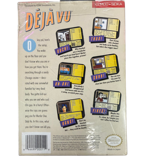 Deja Vu Nintendo Entertainment System NES factory sealed for adventure mystery video game fans featuring detective investigation noir storytelling clue solving item collection exploration puzzles atmospheric locations and classic point and click gameplay collectible retro Nintendo gaming appeal sealed collector condition back cover