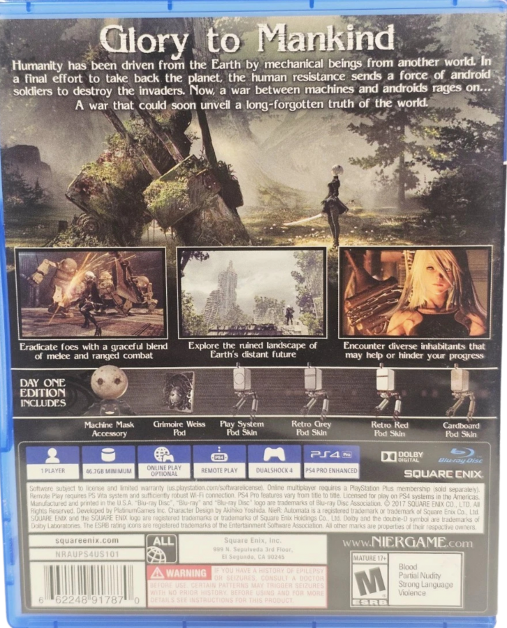 NieR Automata Day One Edition PlayStation 4 PS4 for retro video game enthusiasts featuring action role playing gameplay fast paced hack and slash combat futuristic sci fi world exploration multiple playable characters emotional storytelling dynamic combat systems and collectible gaming appeal back cover