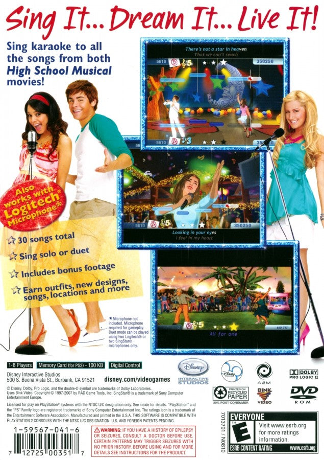 Disney Sing It: High School Musical back of case for PlayStation 2 (PS2) karaoke music rhythm video game based on the High School Musical films