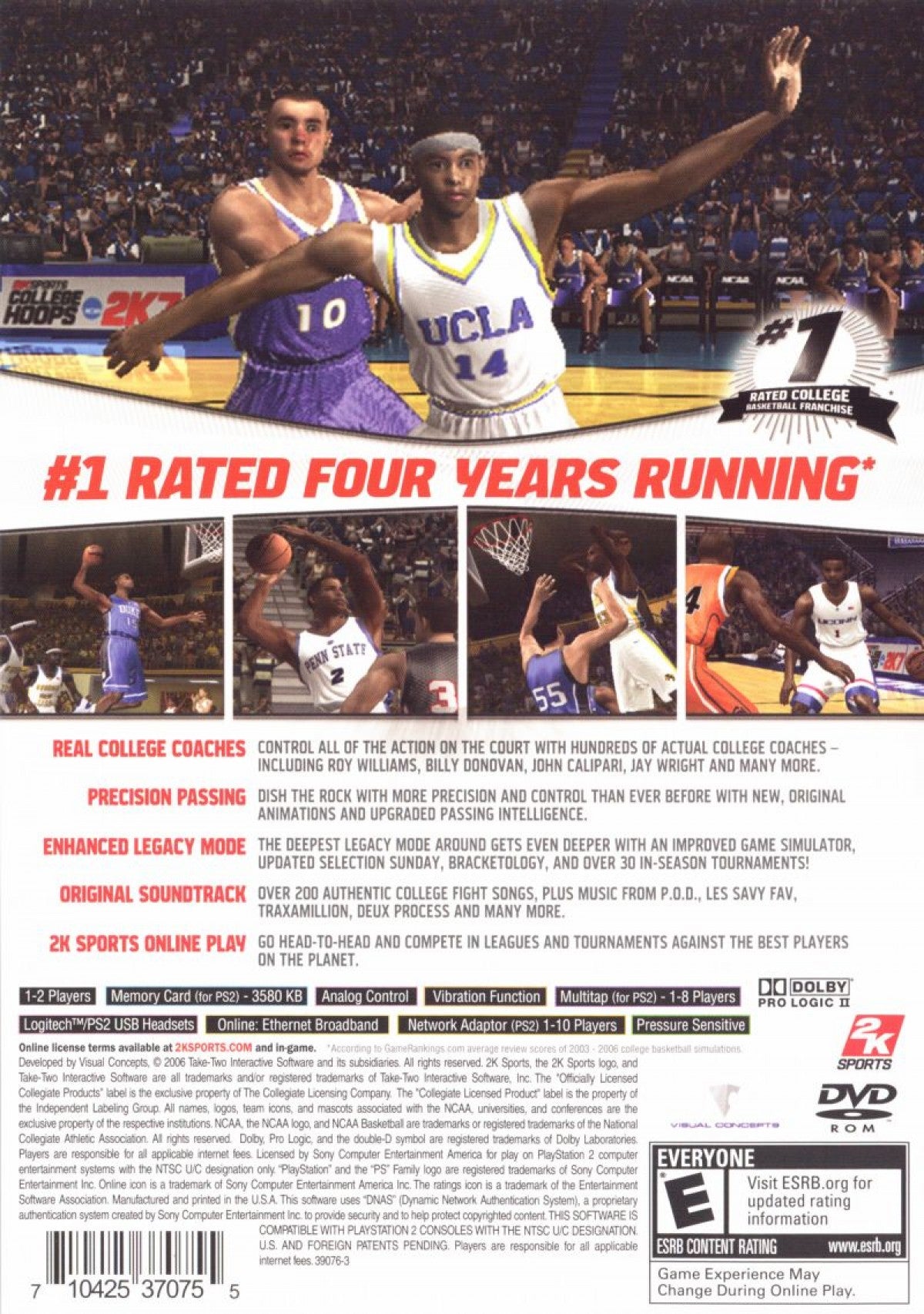 College Hoops 2K7 game for the PlayStation 2 featuring college basketball gameplay with authentic teams and arenas legacy mode dynasty building and realistic court action for NCAA fans back cover