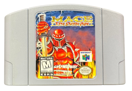 Mace The Dark Age Nintendo 64 N64 video game featuring 3D fighting gameplay medieval warriors weapon based combat special attacks arena battles character matchups fantasy environments and classic 64 bit Nintendo gameplay retro video game collection collectible gaming appeal cartridge