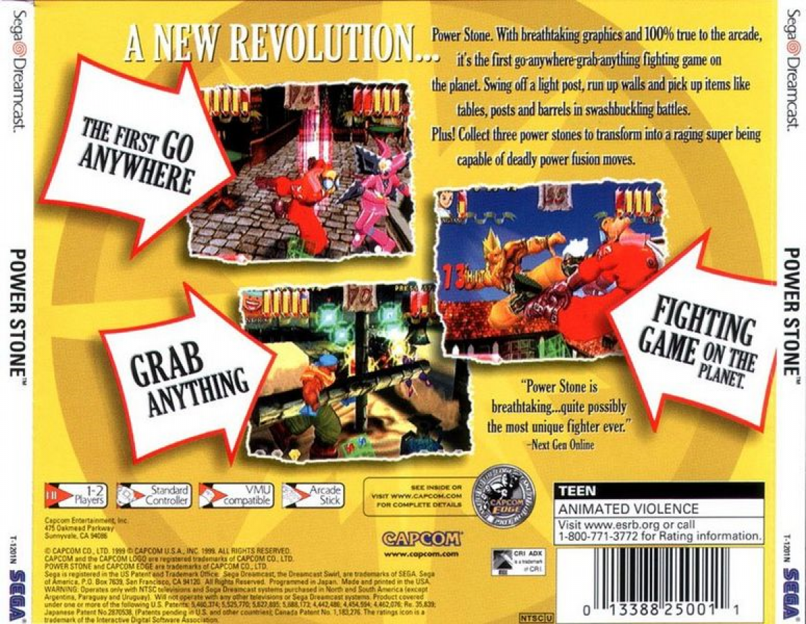 Power Stone Dreamcast featuring 3D fighting gameplay with vibrant characters and interactive arena environments back cover art