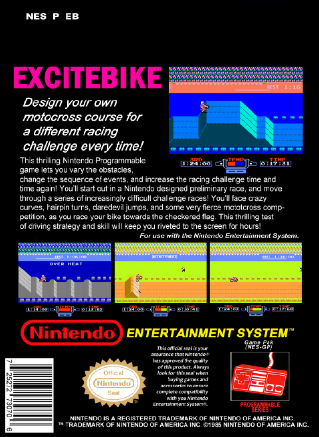 Excitebike back of box for Nintendo Entertainment System (NES) retro racing video game