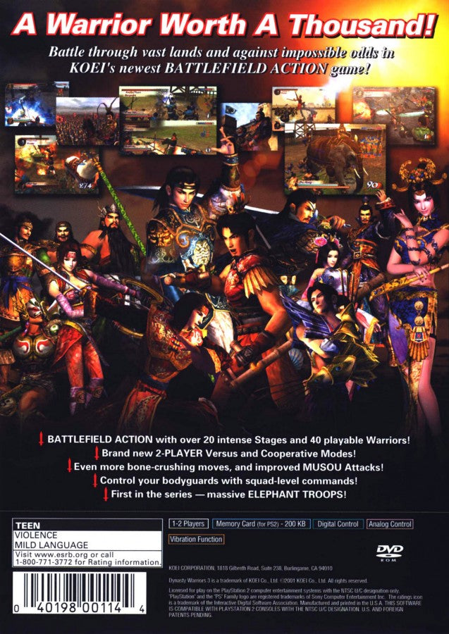 Dynasty Warriors 3 PlayStation 2 PS2 video game featuring hack and slash action gameplay Three Kingdoms historical warfare Chinese warriors legendary generals massive battlefield combat weapon attacks special Musou moves enemy armies strategic battles and classic PlayStation 2 action gameplay retro video game collection collectible gaming appeal back cover art