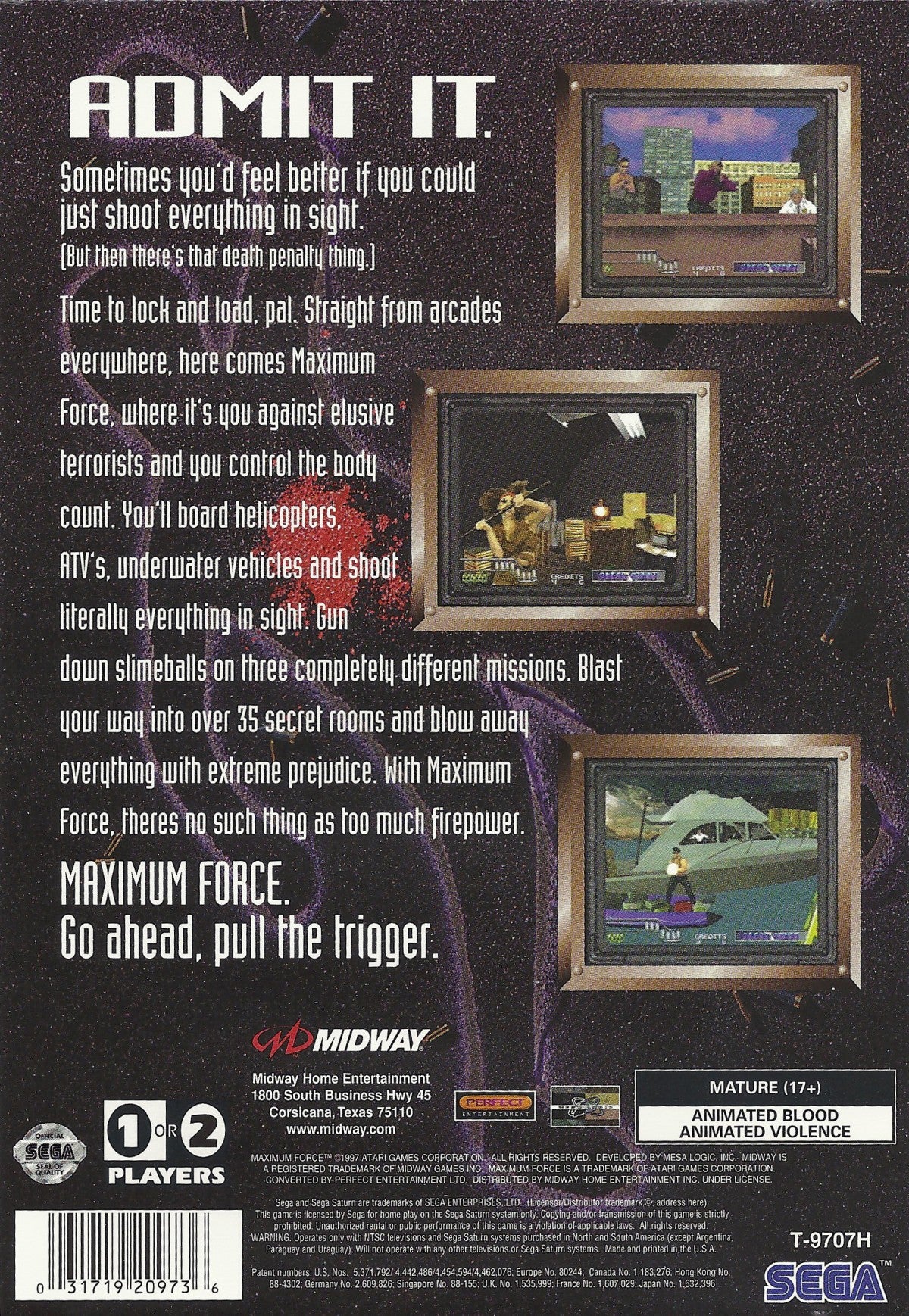 Maximum Force Pull the Trigger Sega Saturn full motion video FMV rail shooter arcade style live action shooting game military terrorist targets interactive movie gameplay Digital Pictures style retro gaming Sega Saturn software video game title back cover art
