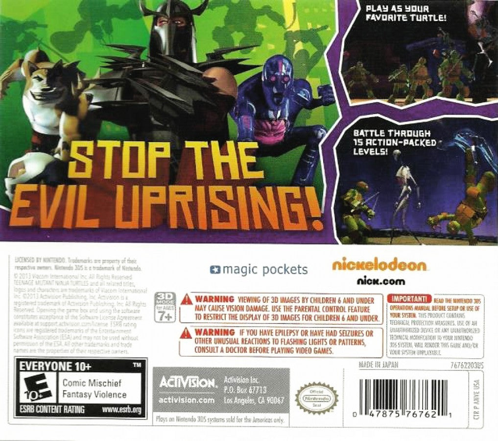 Teenage Mutant Ninja Turtles back of case for Nintendo 3DS (3DS) action adventure video game
