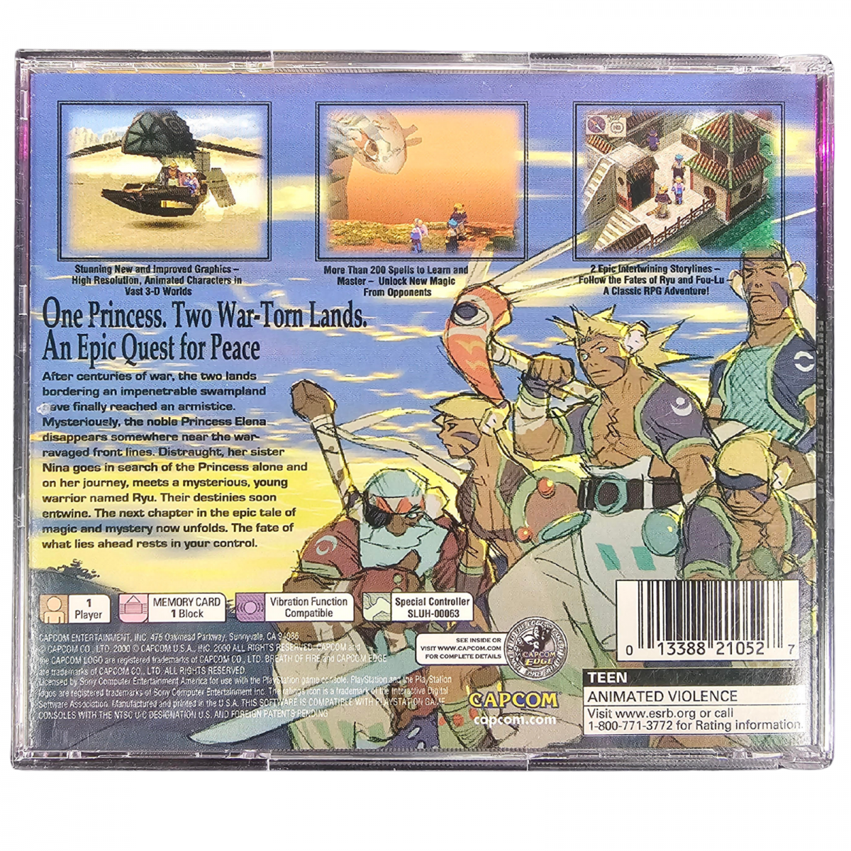 Breath of Fire IV CIB PlayStation 1 PS1 role playing video game featuring epic fantasy adventure turn-based battles powerful magic dragon transformations character development exploration memorable characters challenging enemies and classic PlayStation 1 PS1 gameplay complete in box collectible retro gaming appeal back cover art