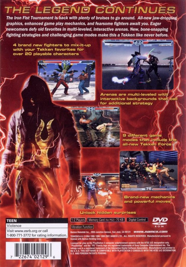 Tekken 4 – PlayStation 2 (PS2) video game back of case, 3D fighting game.