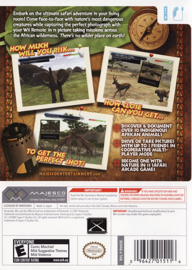 Wild Earth: African Safari back cover art for Nintendo Wii (Wii) featuring wildlife photography adventures across African landscapes, motion‑controlled exploration, and missions to capture animals in their natural habitats.