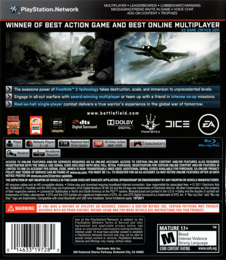 Battlefield 3 back cover art for PlayStation 3 (PS3) video game