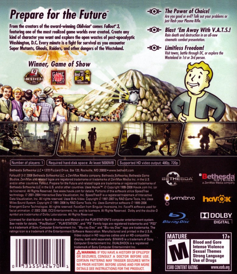 Fallout 3 Game of the Year Greatest Hits back cover art for PlayStation 3 PS3 video game