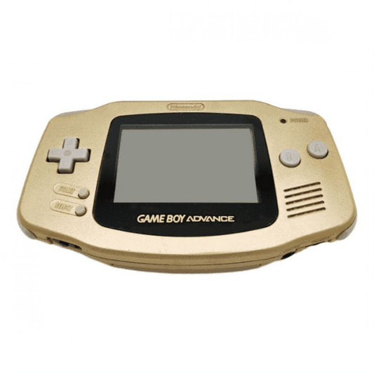 Front view of a gold Game Boy Advance console with metallic casing, widescreen display, and standard button layout.