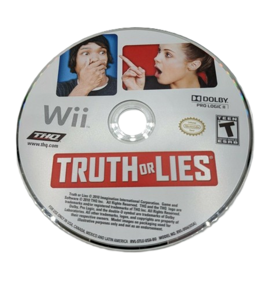 Truth or Lies disc art for Nintendo Wii (Wii) featuring party quiz gameplay with a microphone, asking revealing questions and testing honesty in group challenges.