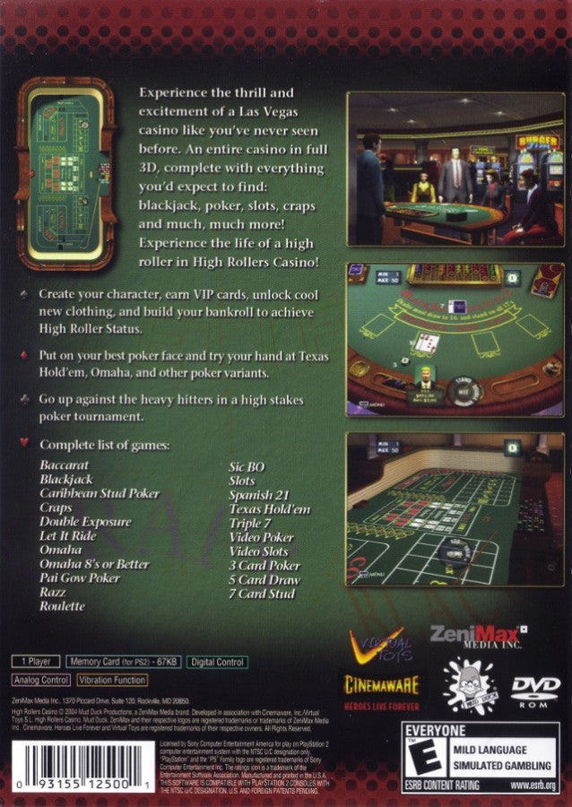 High Rollers Casino back cover art for Playstation 2 video game