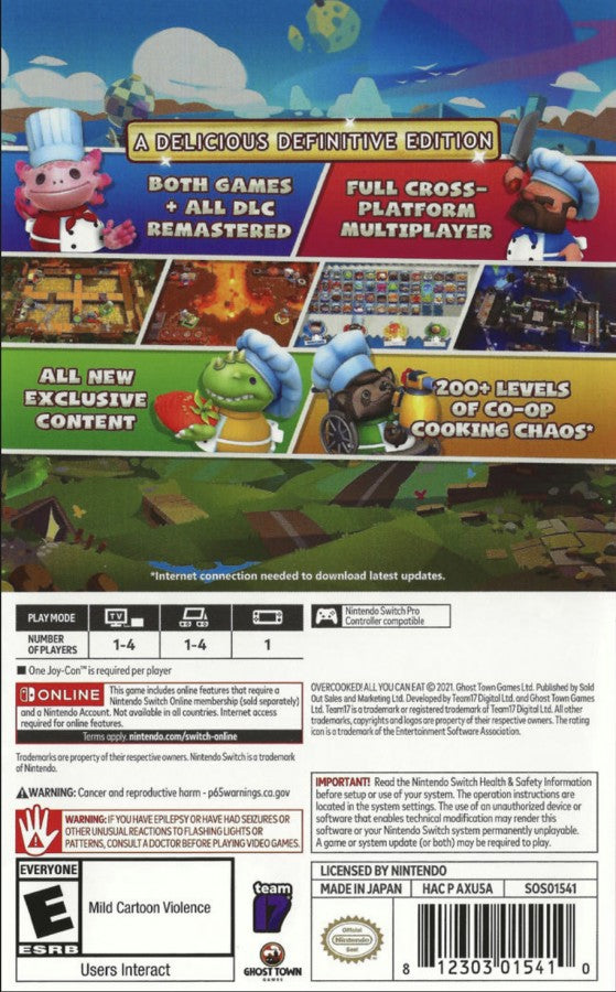 Overcooked All You Can Eat for Nintendo Switch, back of case for a cooperative cooking simulation video game with chaotic kitchen gameplay, multiplayer challenges, remastered visuals, and party-style action