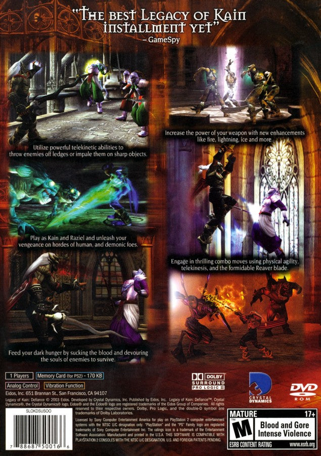 Legacy of Kain Defiance PS2 Sony PlayStation 2 action adventure hack and slash gothic vampire story Raziel Kain combat puzzles dark fantasy narrative Crystal Dynamics retro gaming PlayStation 2 software video game title back cover art
