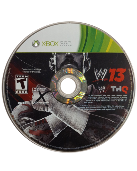 WWE ’13 Xbox 360 video game, professional wrestling sports action, WWE superstars and legends, multiplayer and career modes disc