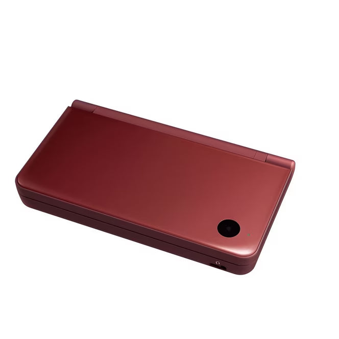 Nintendo DSi XL Burgundy Wine Scratch and Scuff handheld gaming console featuring large dual screens enhanced display stylus touchscreen controls built in cameras wireless connectivity Nintendo DS game compatibility DSi software support burgundy wine finish portable gaming design pre owned condition with cosmetic wear classic Nintendo handheld hardware retro gaming collection collectible console appeal top angle
