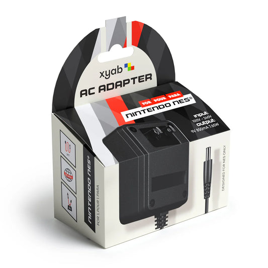 XYAB brand NES power adapter, replacement AC adapter for Nintendo Entertainment System console, compact and reliable design for stable power supply during gameplay