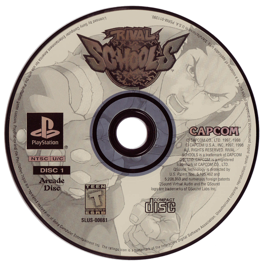 Retro Rival Schools PS1 cover art inspired design featuring classic PlayStation fighting game aesthetic vintage anime combat characters arcade style action gaming fan apparel nostalgic 90s Capcom fighter merch disc 1