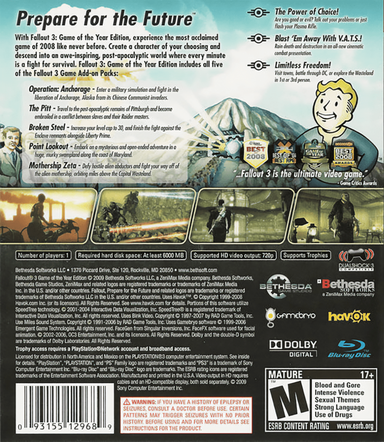 Fallout 3 for PlayStation 3 (PS3) featuring a massive open-world RPG set in the post-apocalyptic ruins of Washington, D.C., where you emerge from Vault 101 to search for your father; utilize the tactical V.A.T.S. combat system, make world-altering moral choices, and explore the dangerous Capital Wasteland in this definitive survival experience that reimagined the Fallout series back cover