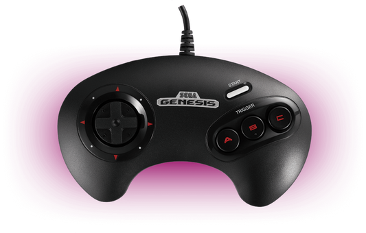 SEGA Genesis Mini retro gaming console replica plug-and-play system preloaded with 42 classic games including Sonic the Hedgehog Streets of Rage 2 and Phantasy Star IV with two replica control pads HDMI cable and modern menu interface glowing controller image