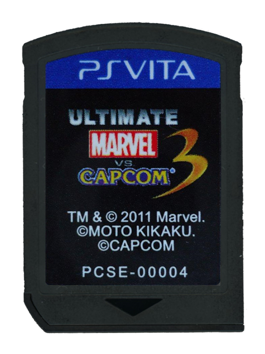 Ultimate Marvel vs Capcom 3 PlayStation Vita PS VITA cartridge for retro video game enthusiasts featuring fast paced crossover fighting gameplay iconic Marvel and Capcom character roster combo heavy combat mechanics tag team battles colorful arcade style visuals and portable competitive fighting game experience and collectible gaming appeal