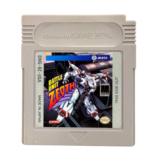 Battle Unit Zeoth Game Boy GB for action shooter video game fans featuring fast paced side scrolling combat futuristic environments challenging enemy encounters powerful weapons platforming elements boss battles and classic monochrome handheld gameplay collectible retro Nintendo Game Boy gaming appeal front of cartridge