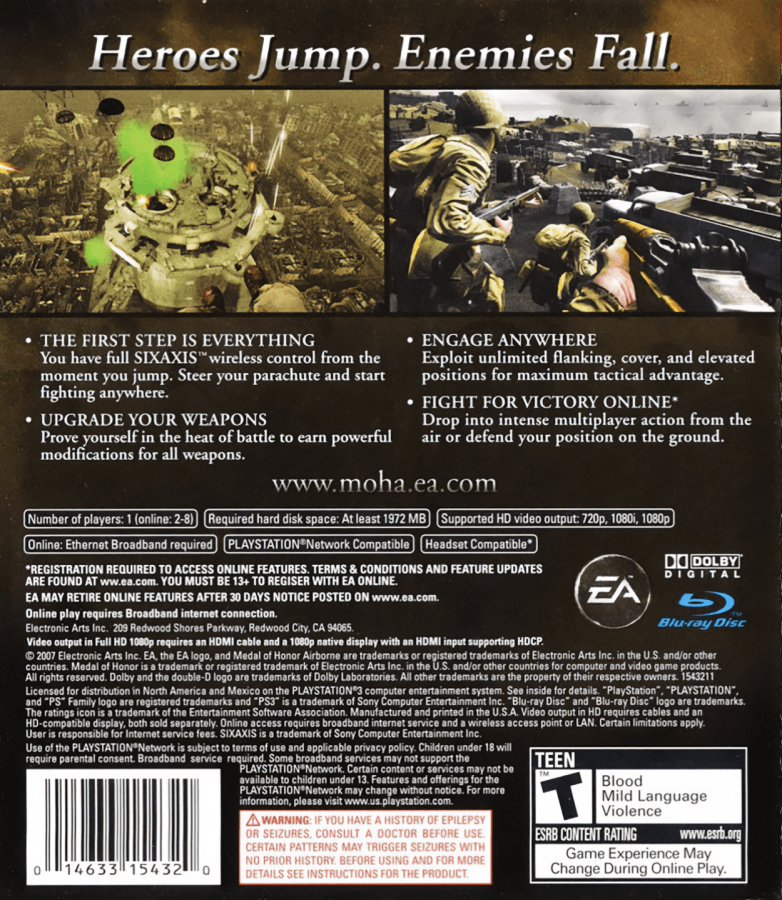 Medal of Honor: Airborne back cover art for PlayStation 3 (PS3) video game