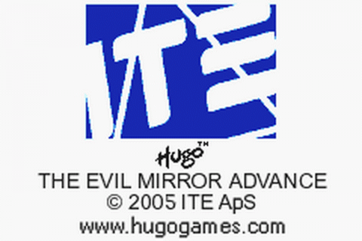 Hugo The Evil Mirror for Game Boy Advance, title screen for an action-adventure video game with platforming gameplay, puzzle-solving, fantasy storyline, and character-based challenges