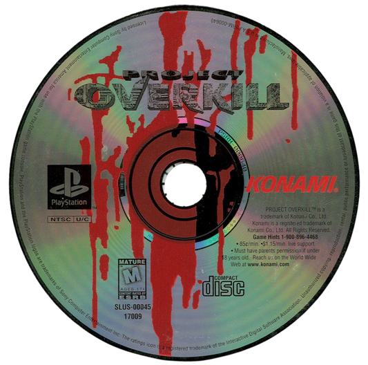 Project Overkill retro action run and gun shooter game for PlayStation 1 (PS1) disc